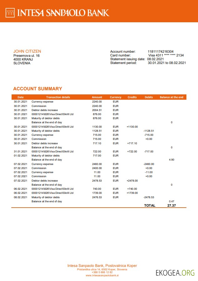 Slovénie Intesa Sanpaolo Bank, modèle de relevé bancaire Poslovalnica Koper au format Word et PDF